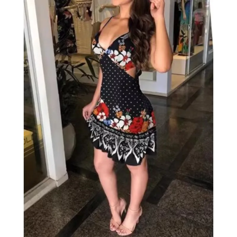 Women's Summer Fashion Halter Dress with Hollow Print