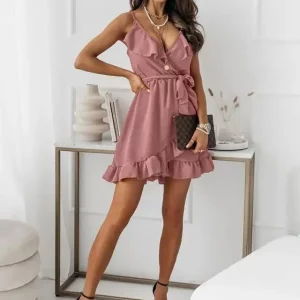 Women's Summer Halter Dress | Solid Color V-neck Casual Waist Ruffled Dress