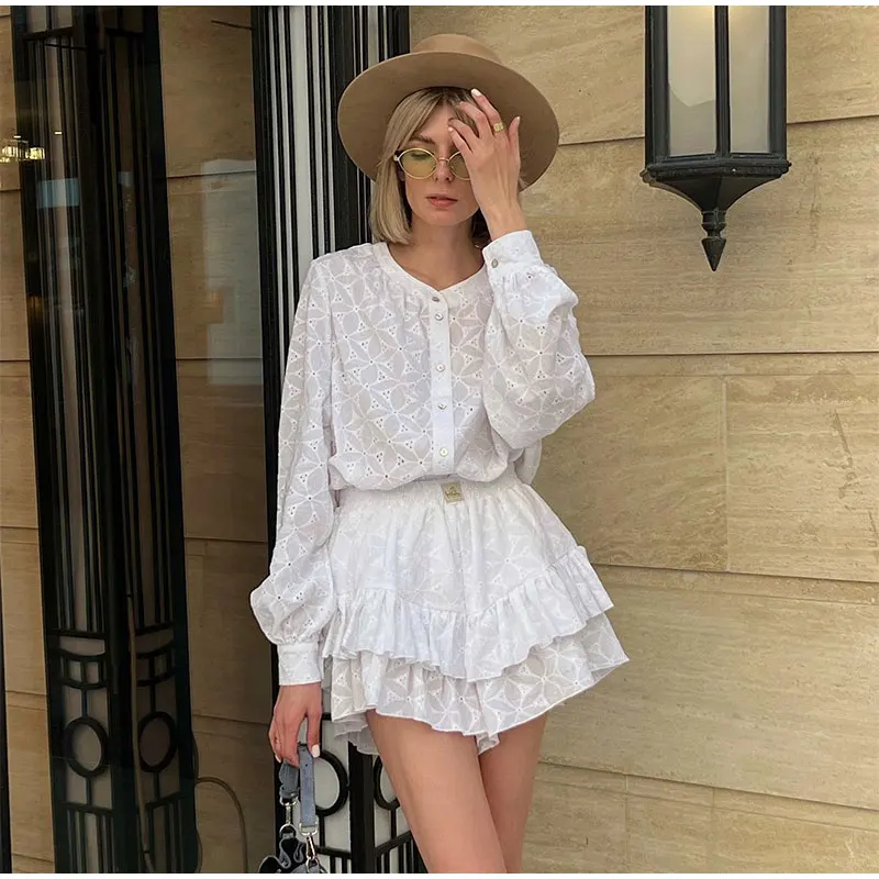 Women's Summer Stand Collar White Blouse Set - Casual Vacation Outfit