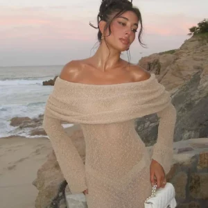 Women's Summer Sunscreen Maxi Dress | Chic Long Sleeve Bodycon Knitted Vestidos | Elegant Beachwear