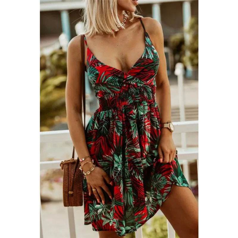 Women's Summer V-neck Print A-Line Sleeveless Dress