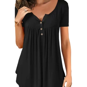 Women's V-Neck Button Pleated Tunic Top - Casual Loose Tee