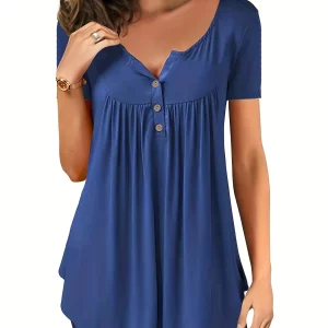 Women's V-Neck Button Pleated Tunic Top - Casual Loose Tee