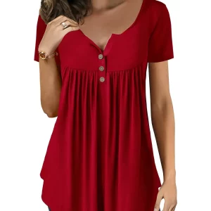 Women's V-Neck Button Pleated Tunic Top - Casual Loose Tee