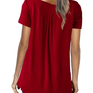 Women's V-Neck Button Pleated Tunic Top - Casual Loose Tee