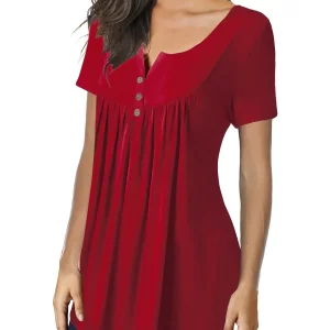 Women's V-Neck Button Pleated Tunic Top - Casual Loose Tee