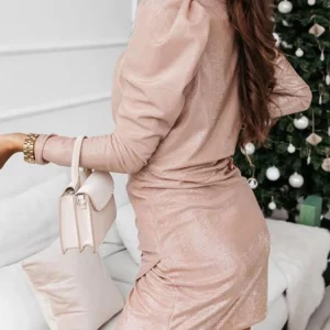 Women's V-neck Cross Long-sleeve Solid Color Dress