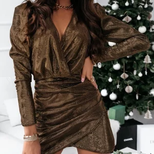 Women's V-neck Cross Long-sleeve Solid Color Dress