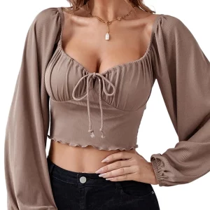 Women's V-Neck Drawstring Long Sleeve Crop Top