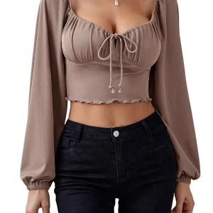 Women's V-Neck Drawstring Long Sleeve Crop Top