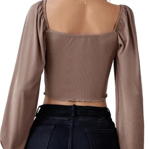 Women's V-Neck Drawstring Long Sleeve Crop Top