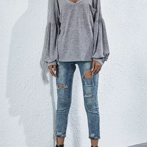 Women's V-neck Long Sleeve T-shirt with Open Back Pocket