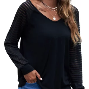 Women's V-Neck Striped Mesh Patchwork Tunic - Loose Fit Spring Summer T-shirt