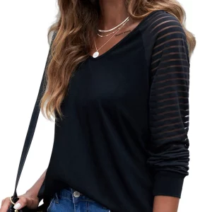 Women's V-Neck Striped Mesh Patchwork Tunic - Loose Fit Spring Summer T-shirt