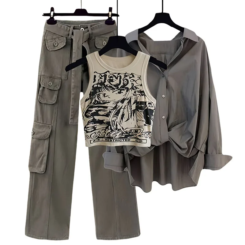 Women's Vintage Blouse, Tank Top & Cargo Pants Set