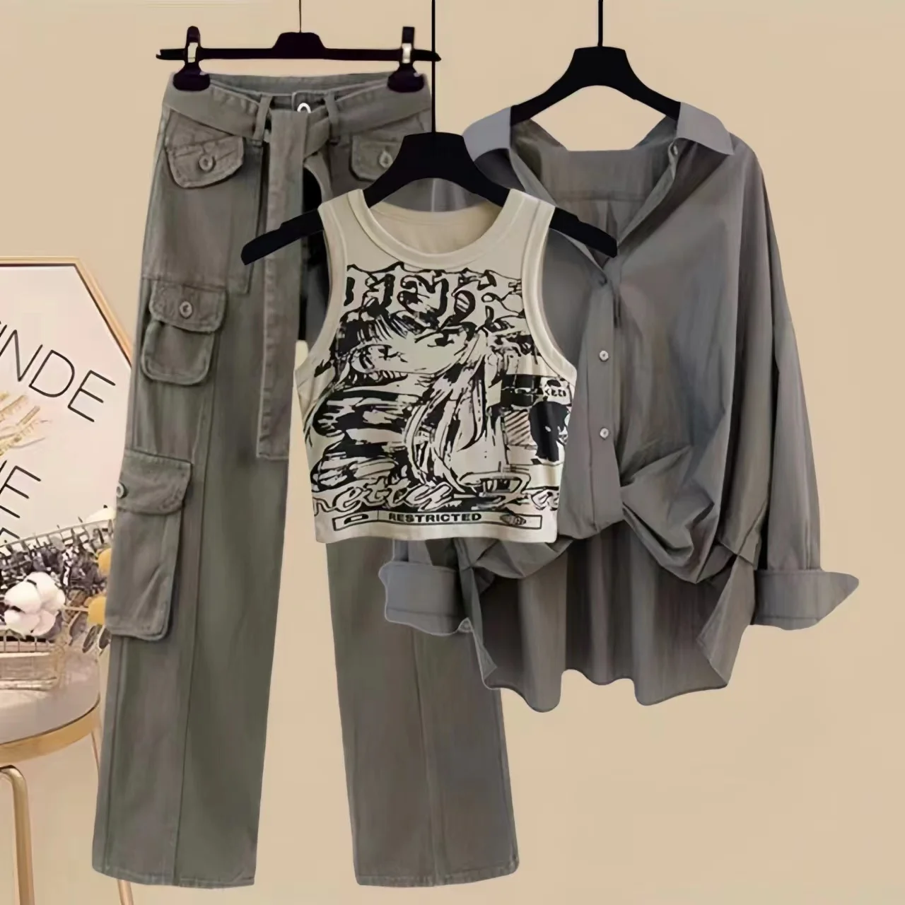 Women's Vintage Blouse, Tank Top & Cargo Pants Set