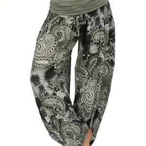 Women's Vintage Floral Print Baggy Harem Pants - Boho Style Hippie Trousers for Plus Size