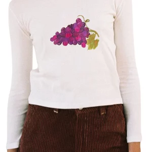 Women's White Fruits Print Long Sleeve Cropped Pullover