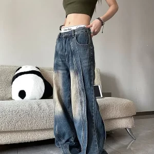 Women's Wide Leg Blue Jeans: American High Street Retro Design, Casual Fashion