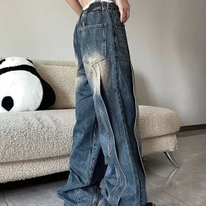 Women's Wide Leg Blue Jeans: American High Street Retro Design, Casual Fashion