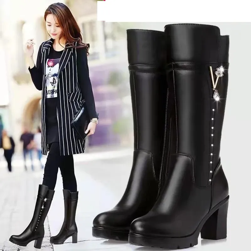 Women's Wool Warm Knee High Boots | Autumn Winter Fashion | Thick Heels Leather High Heel Boots