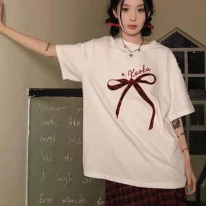 Y2k Graphic T-Shirt Women's Cotton Bow Print Tee - Kpop Korean Fashion Summer Top