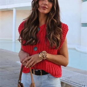 Y2K Knitted Sleeveless Sweater Top for Women - Red