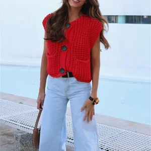 Y2K Knitted Sleeveless Sweater Top for Women - Red