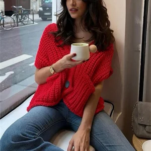 Y2K Knitted Sleeveless Sweater Top for Women - Red