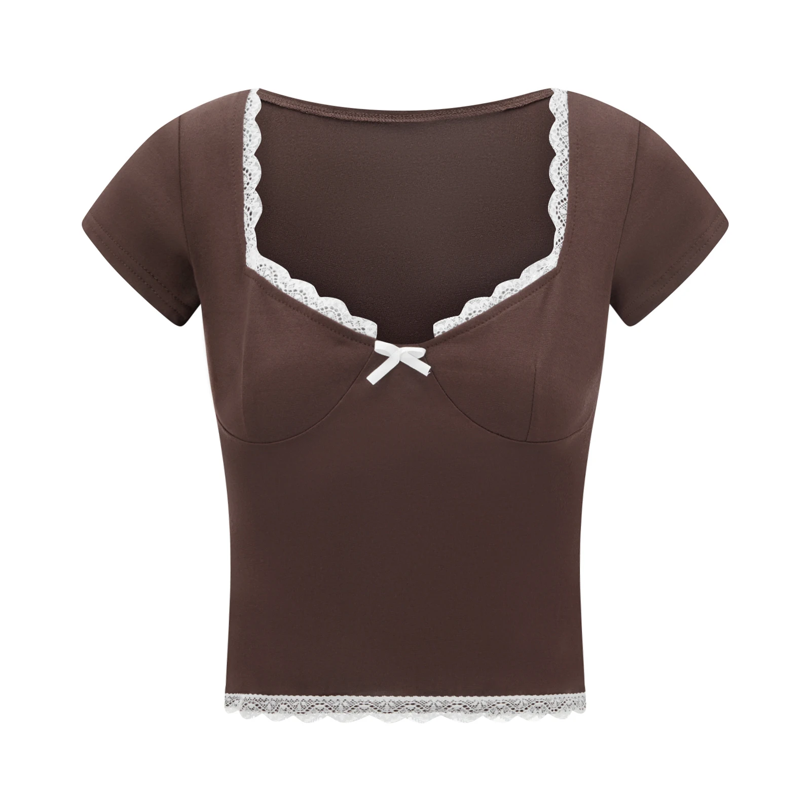 Y2K Lace Trim Crop Top Women's Square Collar Tee