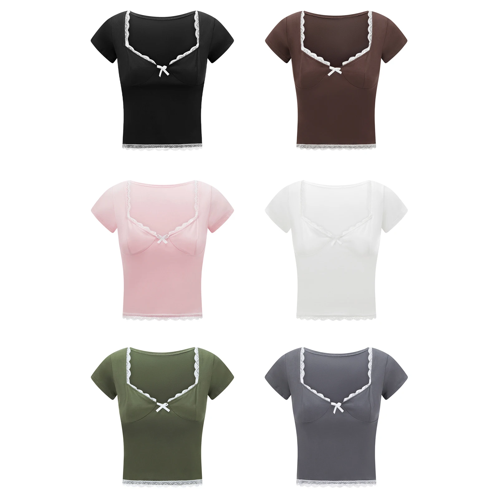 Y2K Lace Trim Crop Top Women's Square Collar Tee