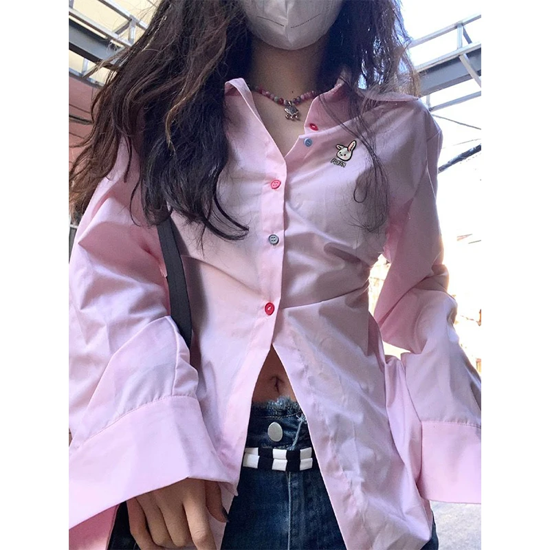 Y2K Pink Cartoon Embroidered Tunic Blouse Harajuku Streetwear Women's Fashion