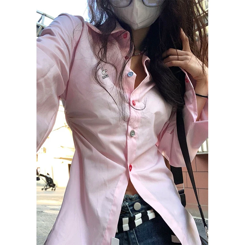 Y2K Pink Cartoon Embroidered Tunic Blouse Harajuku Streetwear Women's Fashion