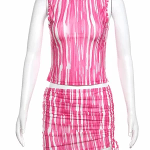 Y2K Striped Pink Crop Top & Mini Skirt Set - Women's Sexy Club Outfit