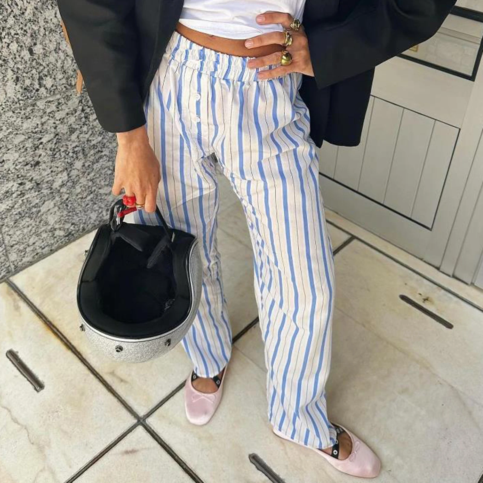 Y2K Striped Print Wide Leg Pants for Women, Elastic Waist Vintage Streetwear Trousers