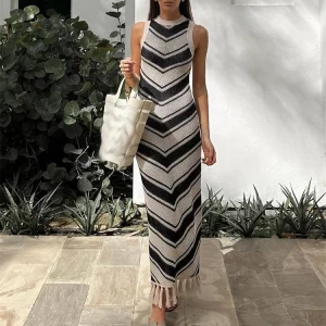 Y2K Striped Wrap Knit Dress for Women: Sexy Club & Casual Evening Fashion with Tassels - Summer