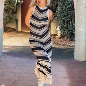 Y2K Striped Wrap Knit Dress for Women: Sexy Club & Casual Evening Fashion with Tassels - Summer