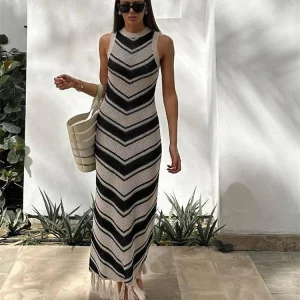 Y2K Striped Wrap Knit Dress for Women: Sexy Club & Casual Evening Fashion with Tassels - Summer