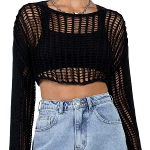 Y2K Women's Knitted Crop Top Patchwork Crochet Off-Shoulder Sweater