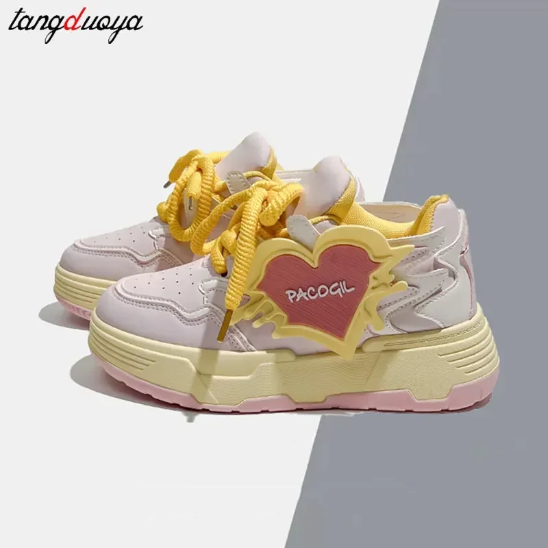 Yellow Heart Platform Sneakers - Designer Women's Fashion Shoes