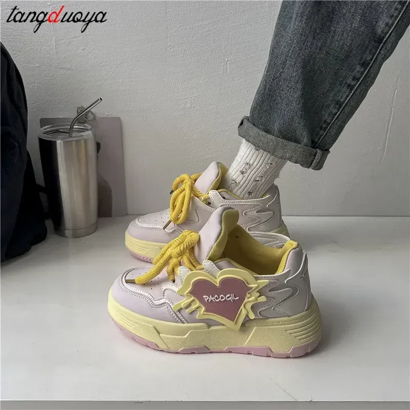 Yellow Heart Platform Sneakers - Designer Women's Fashion Shoes