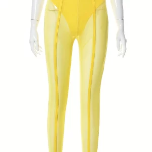 Yellow Mesh See-Through Summer Pants for Women