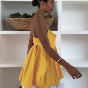 Yellow Summer Tank Top 2024 - Women's Sexy Sleeveless Ruffle Backless Shirt