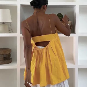 Yellow Summer Tank Top 2024 - Women's Sexy Sleeveless Ruffle Backless Shirt