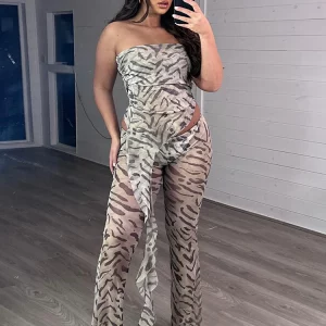 Zebra Print Mesh 2-Piece Set: Strapless Tank Top & High Waist Slim Pants