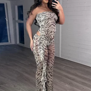 Zebra Print Mesh 2-Piece Set: Strapless Tank Top & High Waist Slim Pants