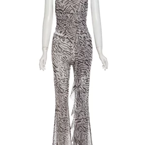 Zebra Print Mesh 2-Piece Set: Strapless Tank Top & High Waist Slim Pants