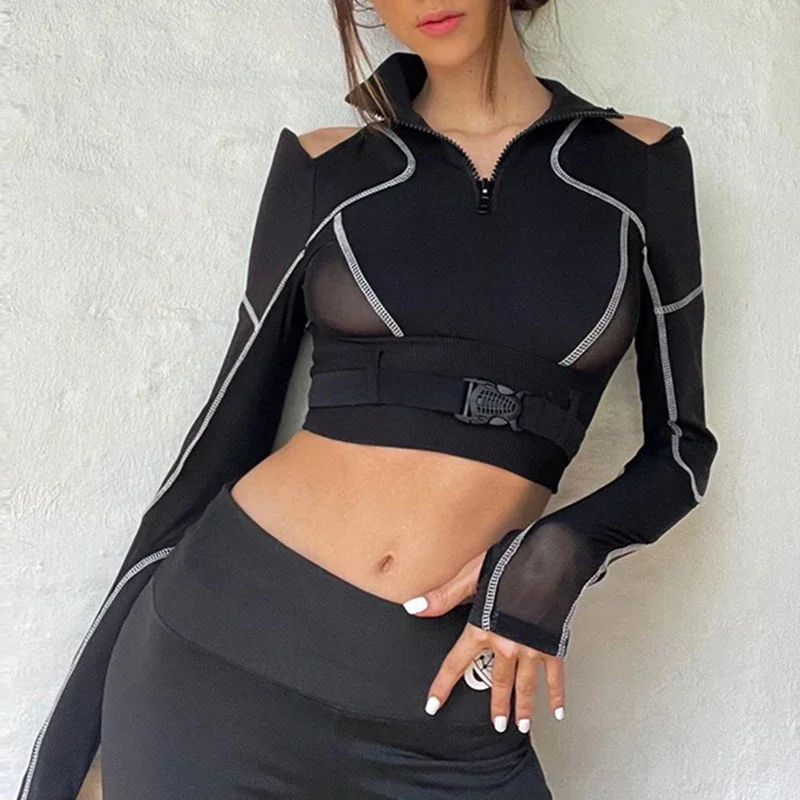 Black Long Sleeve Buckle Stripe Patchwork Cropped Top - Y2K Grunge Techwear Streetwear