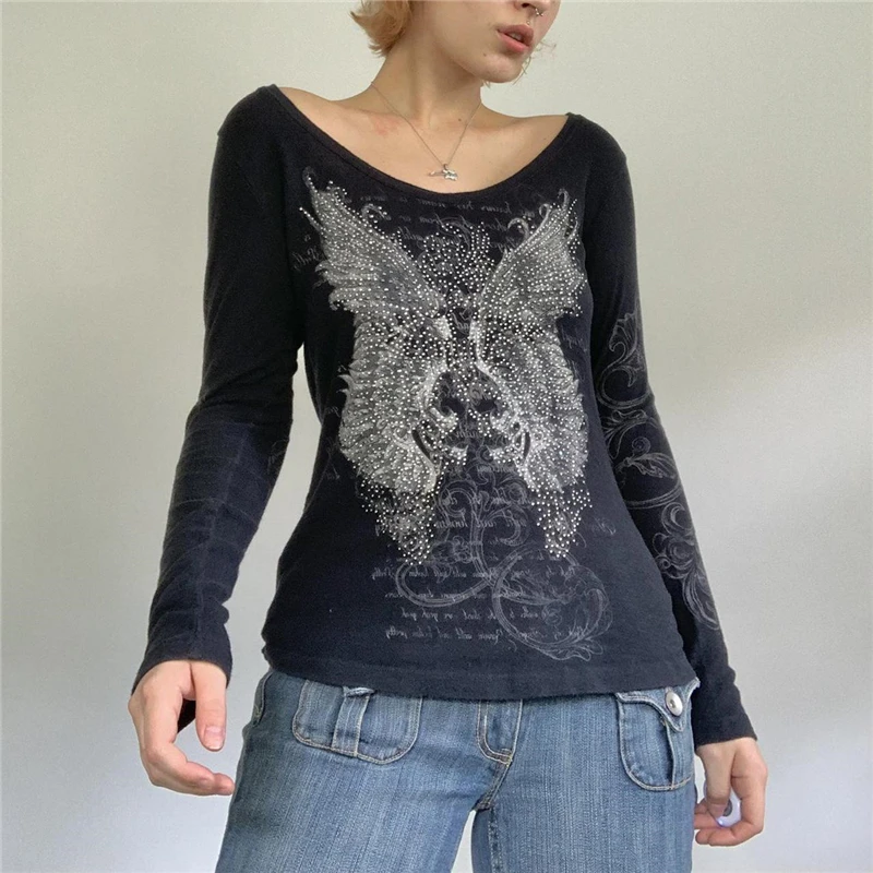 Butterfly Fairycore Grunge Rhinestone Y2K Aesthetic T-Shirt - Long Sleeve Streetwear Top