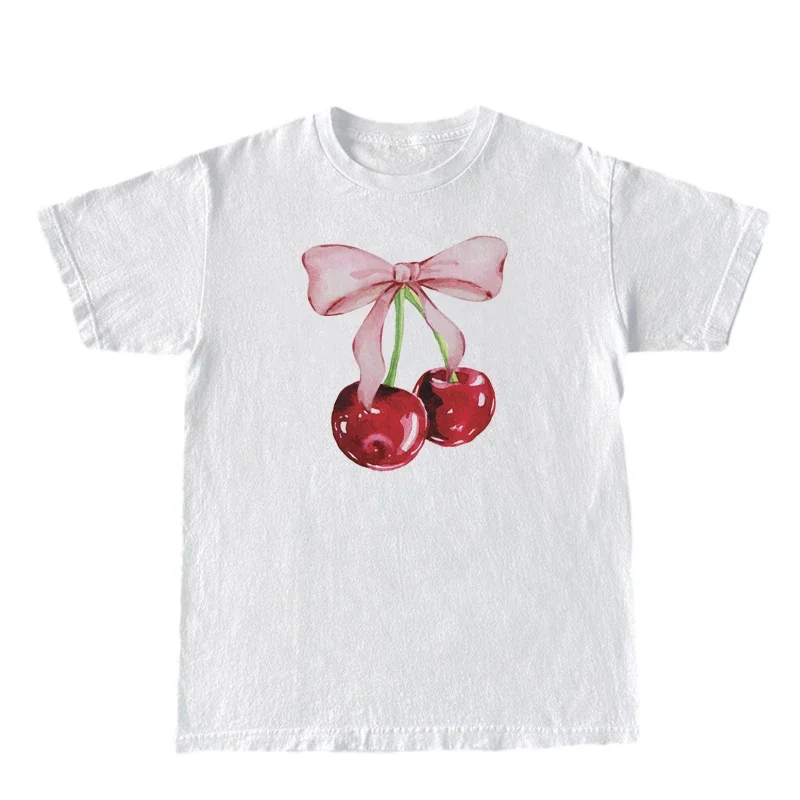 Cherry Bow Printed Vintage T-Shirt - Y2K Grunge Retro Style Top